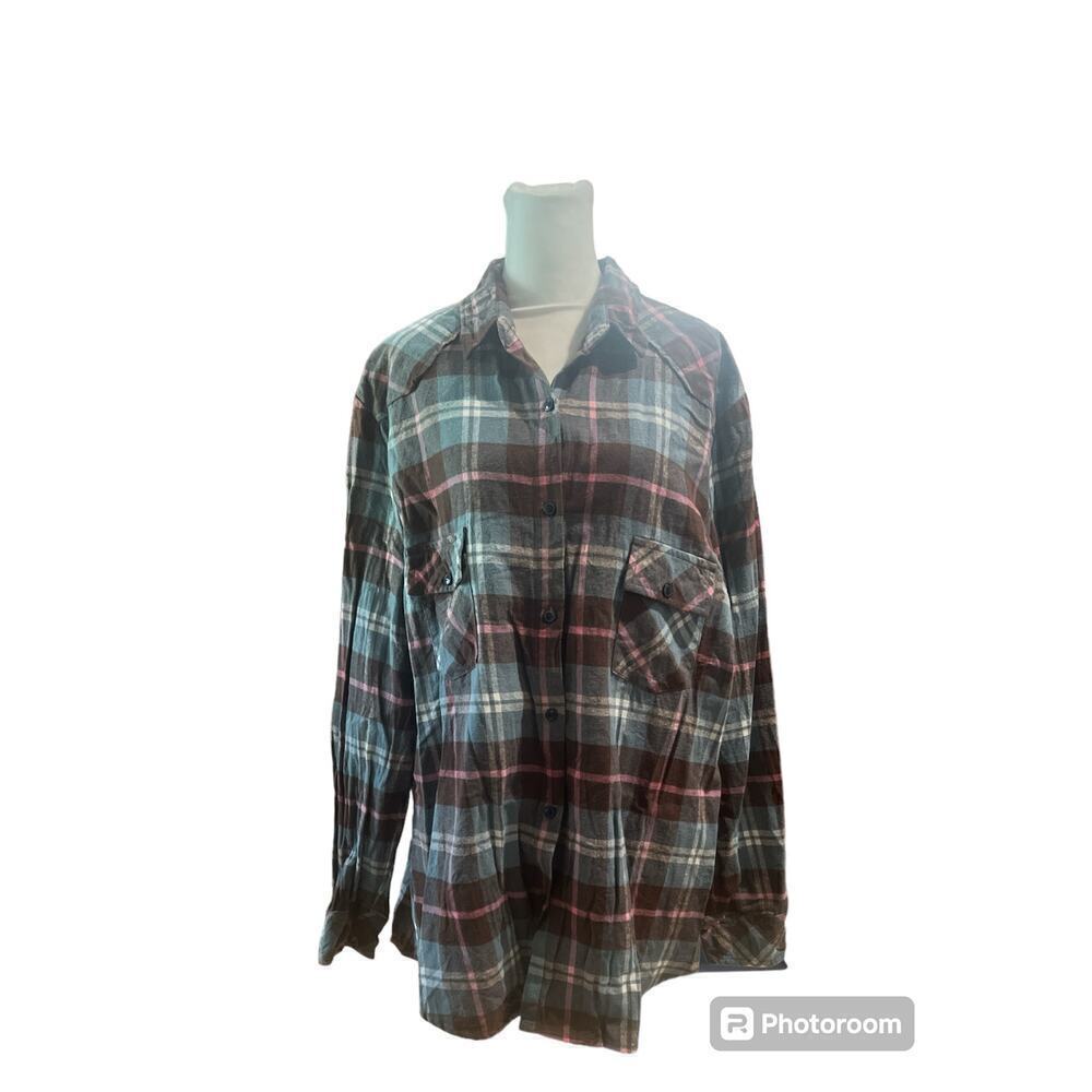Matchstick Plaid Flannel Shirt Womens XXL Brown Blue‎ Pink Cotton Button Down